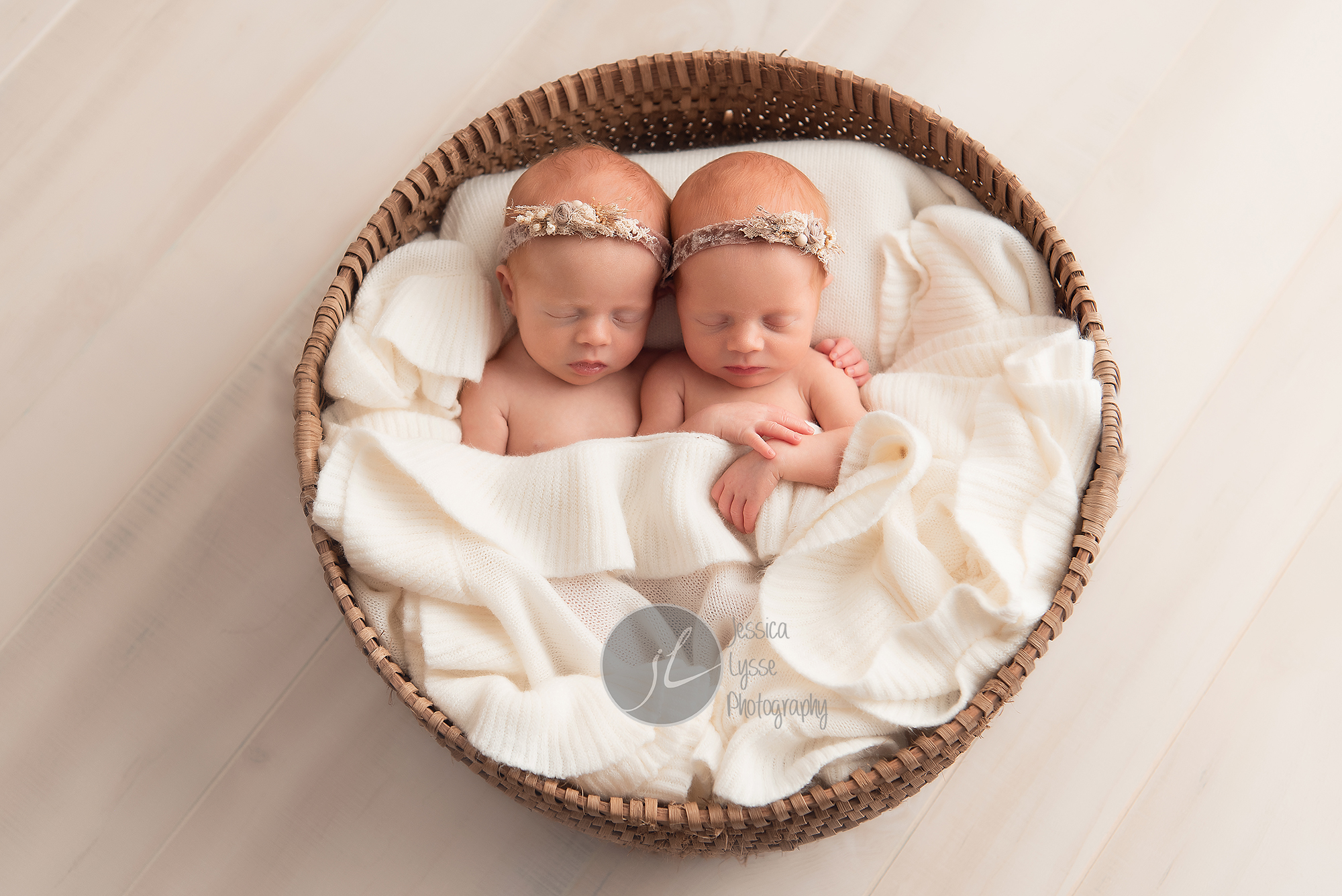 twin girls in a basket